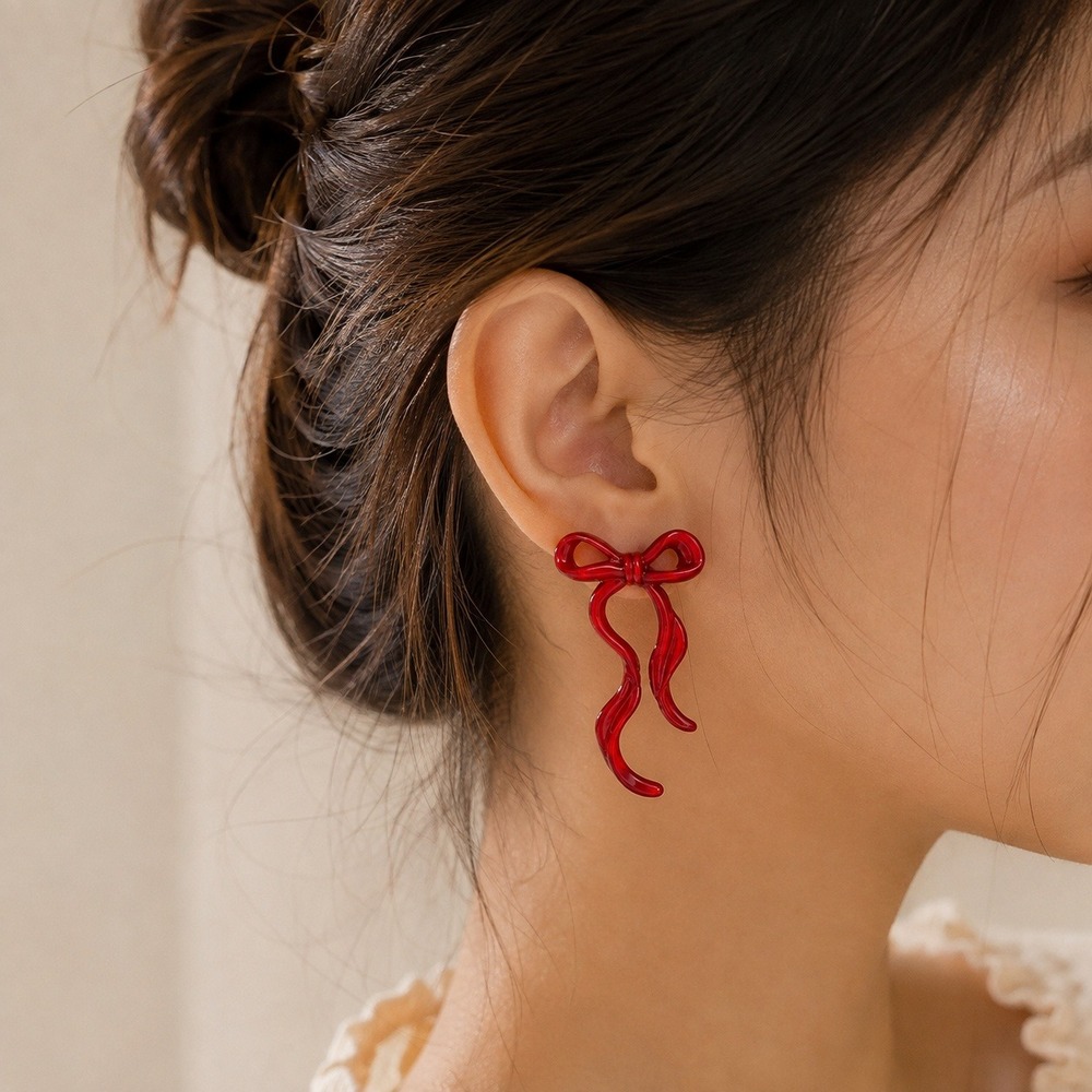 Red Ribbon Bow Stud Earrings Women Christmas Holiday Coquette Jewelry Gift - Picture 1 of 4